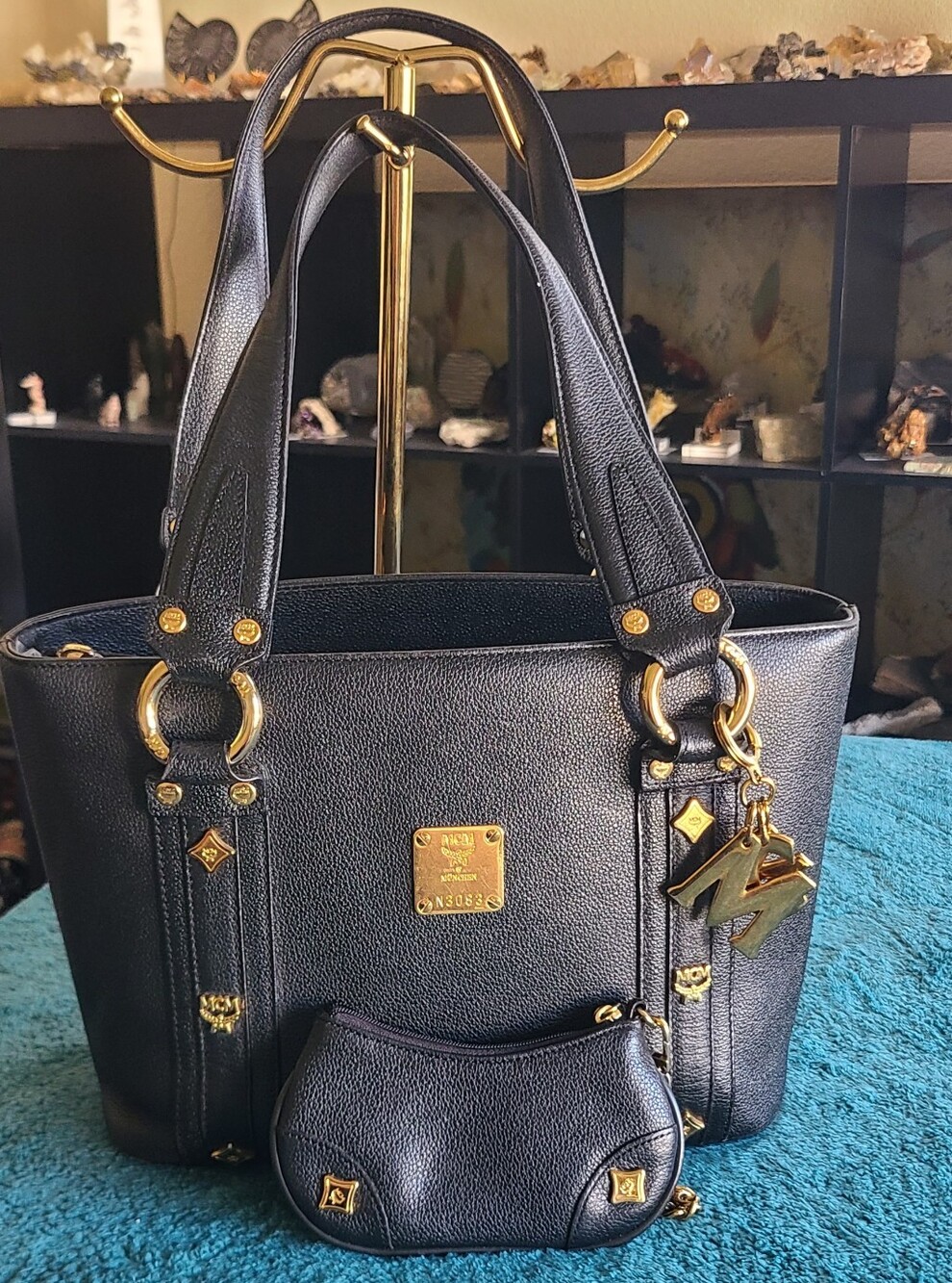MCM Black Leather München Studded Satchel Tote Bag featuring gold-tone